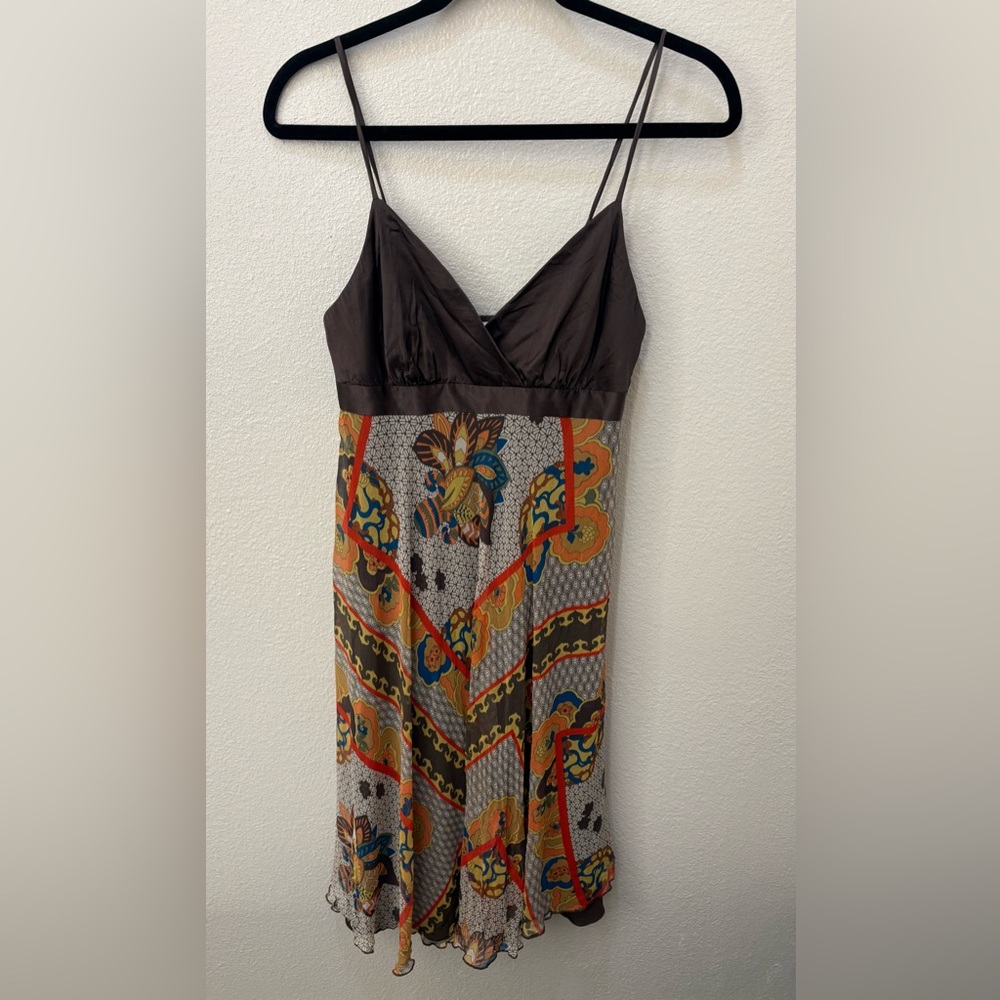 VTG Donna Morgan 90’s Brown Silk Lined Printed Abstract Slip Dress Y2K Size 2